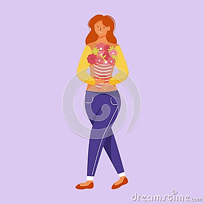 Young woman walking with bouquet flat vector illustration Vector Illustration