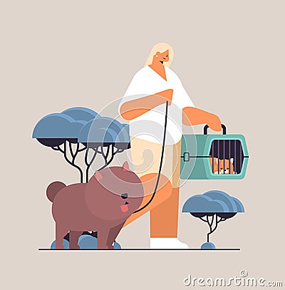 young woman walking with dog and cat female owner and cute domestic animals having fun friendship with pets Vector Illustration