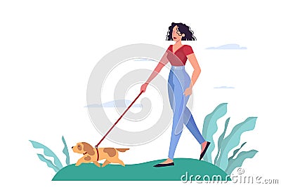 Young woman walking a dog in the park. Attractive girl Vector Illustration