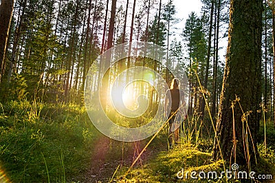 Young woman walking in forest path at sunset. Stock Photo