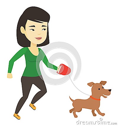 Young woman walking with her dog. Vector Illustration