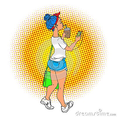 Young woman walking with phone in headphones pop art retro vector illustration. Comic girl with blue hairs and coffee Cartoon Illustration