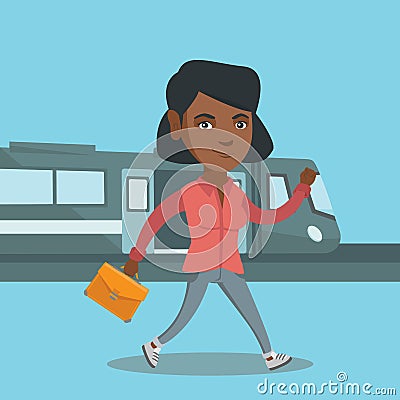 Young woman walking on a railway station platform. Vector Illustration
