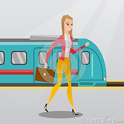 Young woman walking on a railway station platform. Vector Illustration