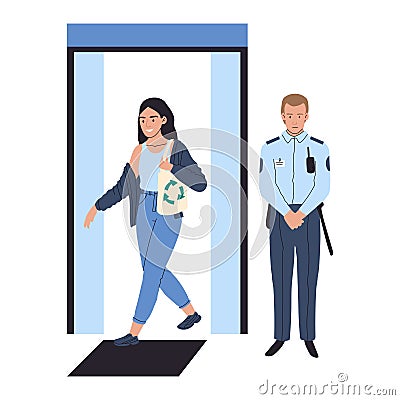 Young woman walking through security scanner, smiling at male officer checking safety. Security checkpoint with Vector Illustration