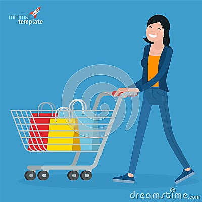 Young woman walking with shopping cart. Vector Illustration