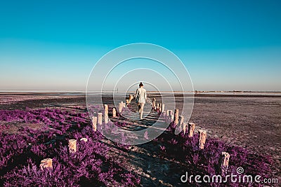Young woman walks along the purple beach. Magic place beautiful landscape Travel Stock Photo