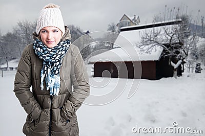 Young woman in warm coat or jacket outdoor Stock Photo