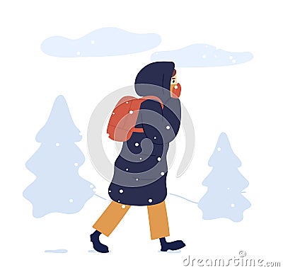 Young woman in warm seasonal outwear walking in winter park. Female character in long down jacket with a backpack Vector Illustration