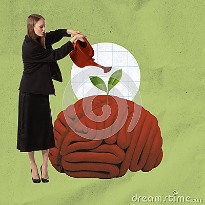 Young woman watering blossoming brain. Visual metaphor for cognitive development. Creation of a mental oasis and Stock Photo