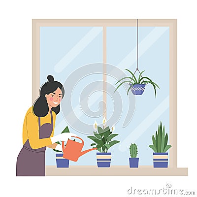Young woman is watering house plants. Vector flat illustration Vector Illustration