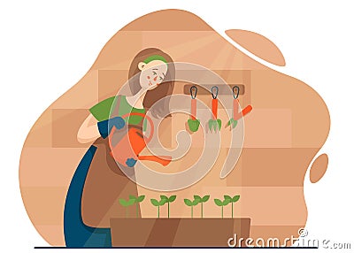 Young woman watering a plant. Female character gardening plants on the backyard. Summer gardening, farmer gardener. Vector Illustration