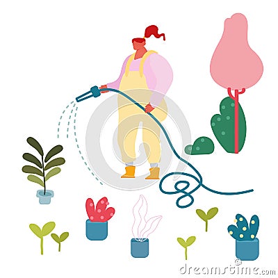 Young Woman Watering Potted Domestic Plants from Hose Outdoors in House Yard. Girl Bring Flowers in Pots on Open Air Vector Illustration
