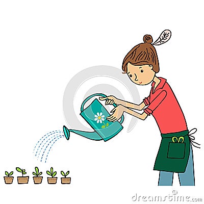 Young woman watering seedlings with a watering can. Gardening outdoor activity Vector Illustration
