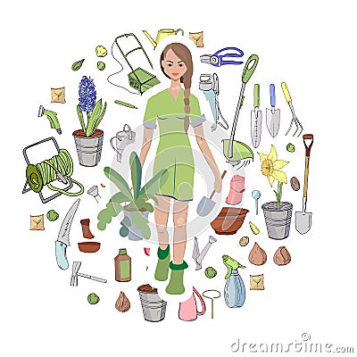 Young woman waters plants. Objects isolated on white. Symbol circle made of different garden objects.Flat style Stock Photo