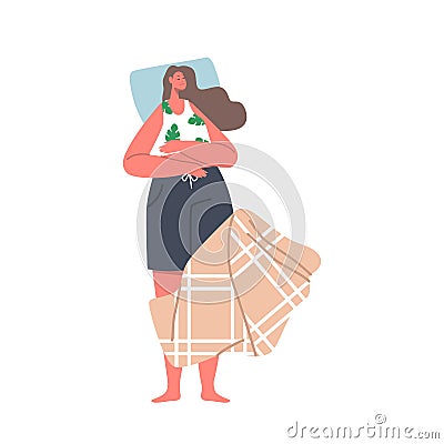 Young Woman Wear Pajama Sleep or Nap on Back with Arms Lying on Stomach. Female Character Sleeping Pose in Bed Top View Vector Illustration