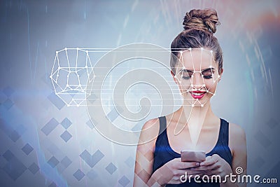 Young woman with phone face recognition technology Stock Photo