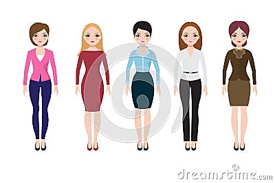 Young woman wearing in casual european suits. Adult business women in blouse, skirt and pants vector set Vector Illustration