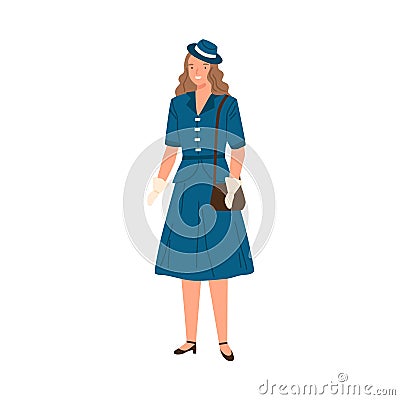 Young woman wearing dress, hat and gloves in 40s style. Fashionable female character with bag in retro stylish apparel Vector Illustration