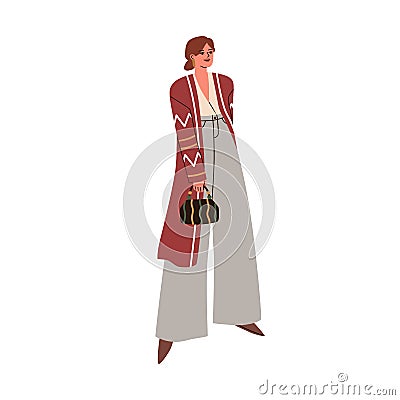 Young woman wearing fashion outfit. Female in stylish trendy apparel. Modern girl in spring clothes, cardigan, wide Vector Illustration