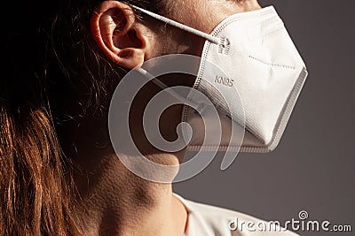 Young woman wearing KN-95 protection medical mask. Stock Photo