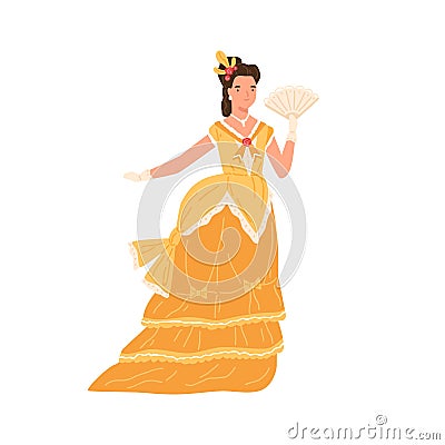Young woman wearing old fashioned vintage dress and hairstyle in 1860s decade style. Female character in elegant retro Vector Illustration