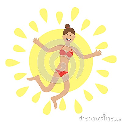 Young woman wearing swimsuit jumping. Sun shining icon. Summer time. Vector Illustration