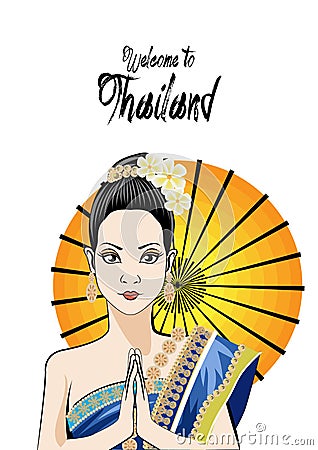 Young woman wearing typical thai dress , identity culture of thailand. Vector Illustration