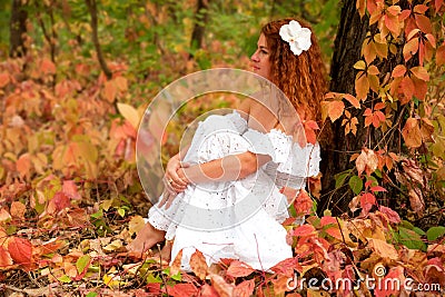 young woman, wearing in white dress Stock Photo