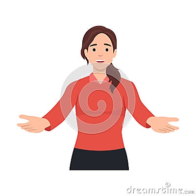 Young woman welcoming people. Flat vector illustration isolated Vector Illustration