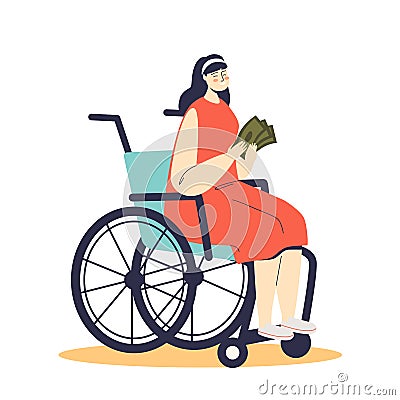 Young woman on wheelchair holding money support from for disability allowance Vector Illustration