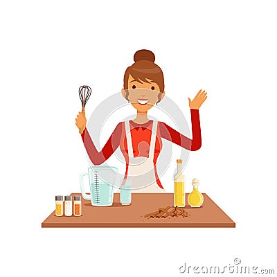 Young woman with whisk baking, housewife girl cooking food in the kitchen flat vector Illustration Vector Illustration