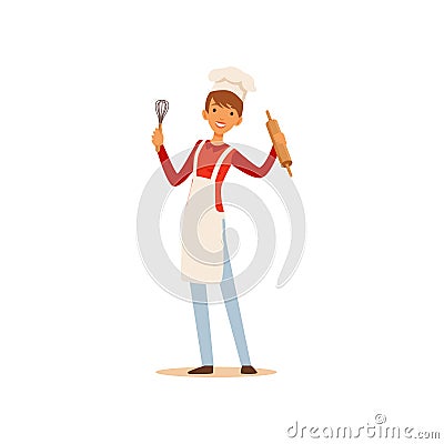 Young woman in white apron and chef hat standing and holding whisk and rolling pin, housewife girl cooking food in the Vector Illustration