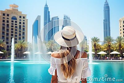 Young woman in white dress and hat on the background of Dubai fountain, Happy tourist girl rear view walking near fountains in Stock Photo