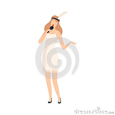 Young Woman in White Dress Singing with Microph Beautiful Female Jazz Singer Vector Illustration Vector Illustration