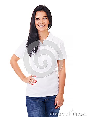 Young woman in white polo shirt Stock Photo