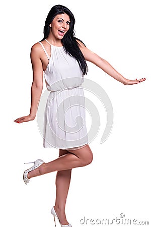 Young woman in a white summer dress isolated over white Stock Photo