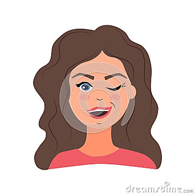 Young woman winks and smiles. A girl in a flat style. Emotions. Vector illustration. Vector Illustration