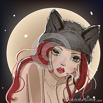 Young woman with wolf headdress Vector Illustration