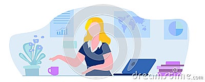 Young woman working at a computer, books, schedule, board, workplace, vector, Not AI, hand drawn Vector Illustration