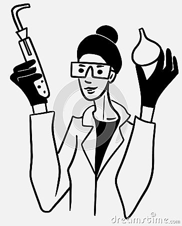 Young woman working in laboratory. Scientist Student in protective glasses and gloves Vector Illustration