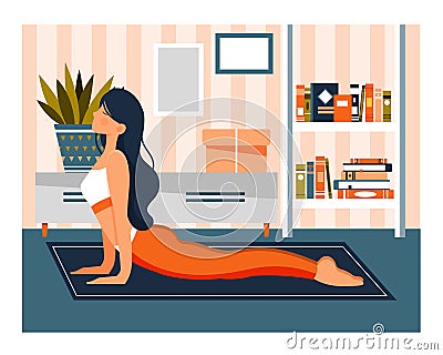 Young woman working out doing exercises at home Vector Illustration