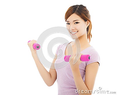Young woman working out with dumbbells isolated on white Stock Photo