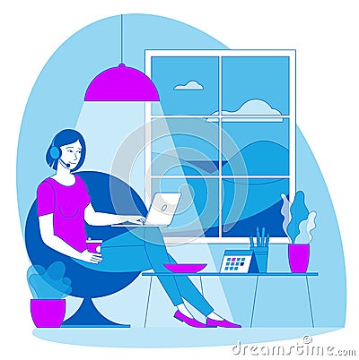 Young woman is working outsourced. Vector Illustration