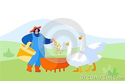 Young Woman in Working Robe Feeding Geese on Nature. Female Farmer, Villager Character at Work Vector Illustration