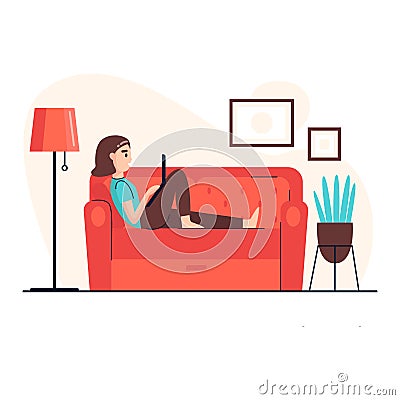 A young woman works on the laptop and lies on the sofa at home. Vector Illustration