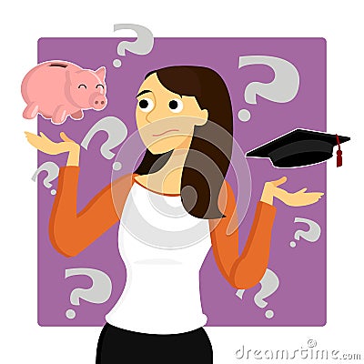 Young Woman Worries about Student Loans Vector Illustration