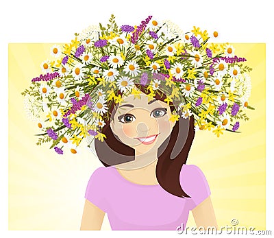 Young woman in wreath of wild flower Vector Illustration