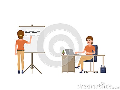 Young woman writing on whiteboard, sitting at the office desk cartoon character. Busy working day. Vector Illustration