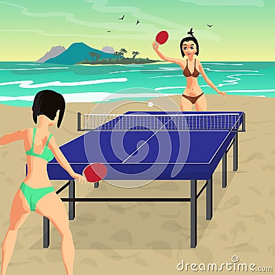 Young women in bikini play on the beach in table tennis. Girls i Vector Illustration